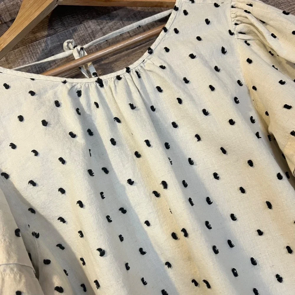 Madewell Tie-Back Puff-Sleeve Top in Clip‎ Dot XL Neutral Classic Minimalist
